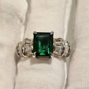Vintage Faux Green Emerald & Cubic Zirconias 14K Yellow Gold Plated Ring Size 7